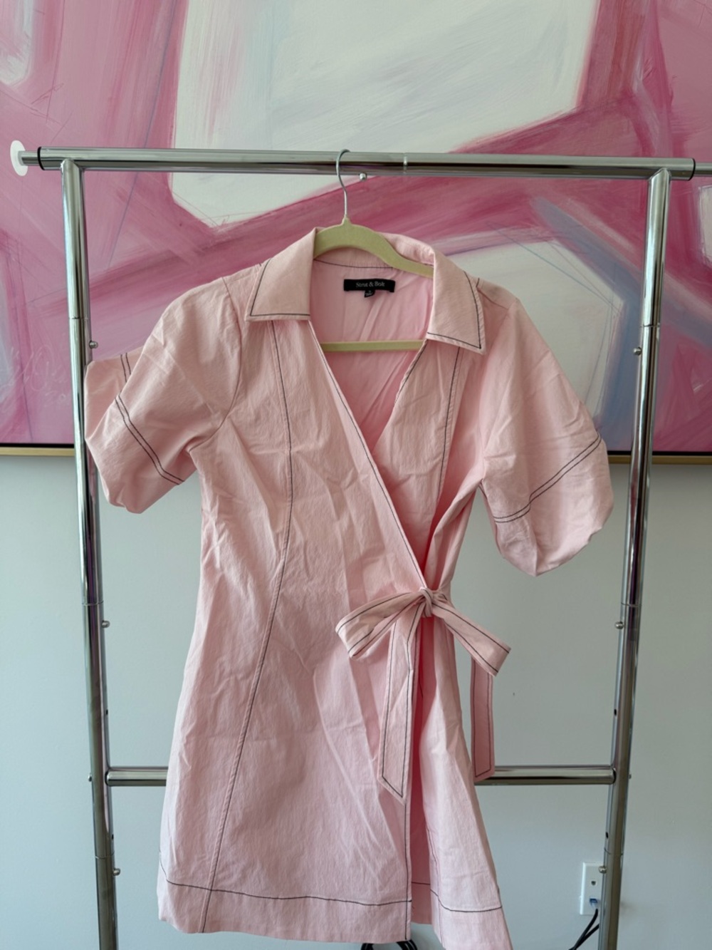Light Pink Tie-Waist Mini Dress with Contrast Stitching